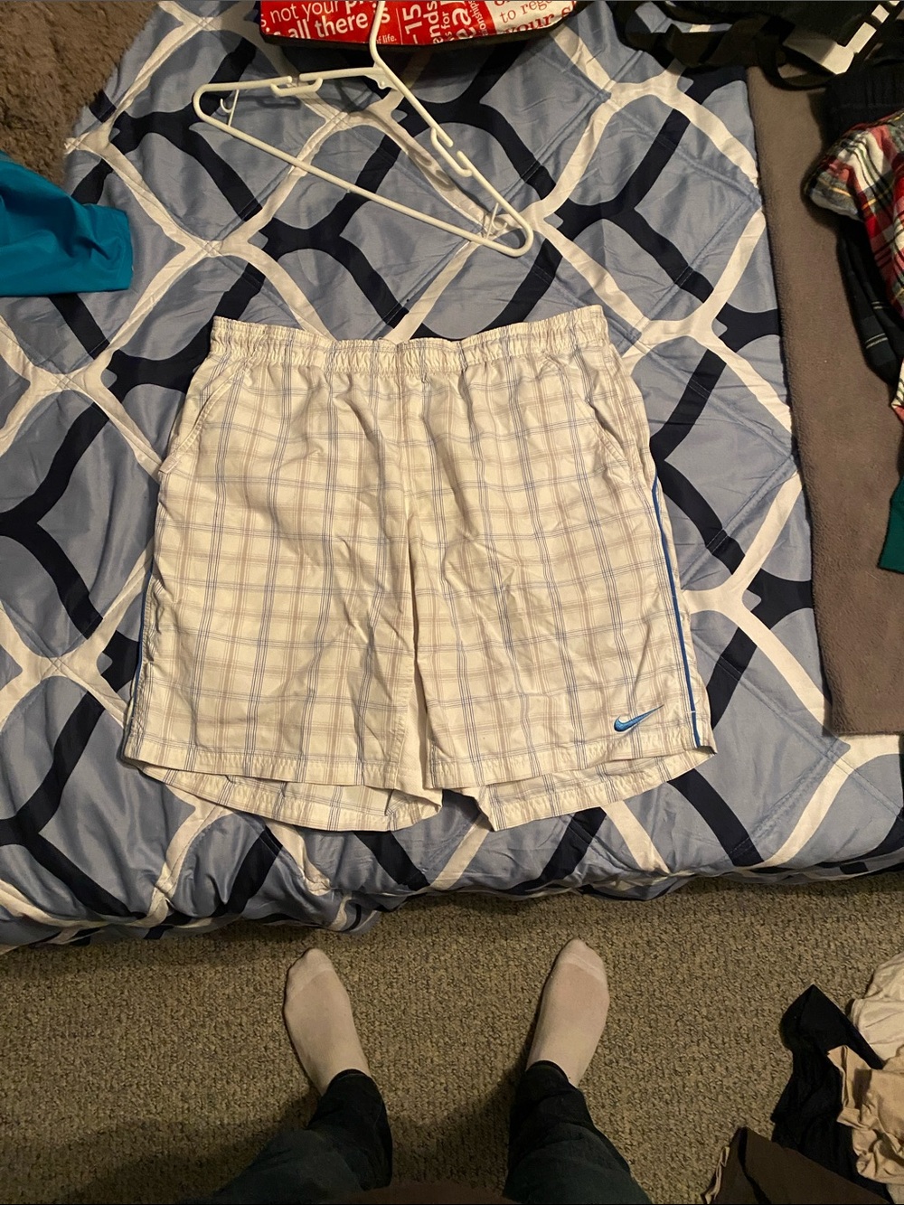 Nike Men’s White Plaid bathing suit with Light Blue Swoosh